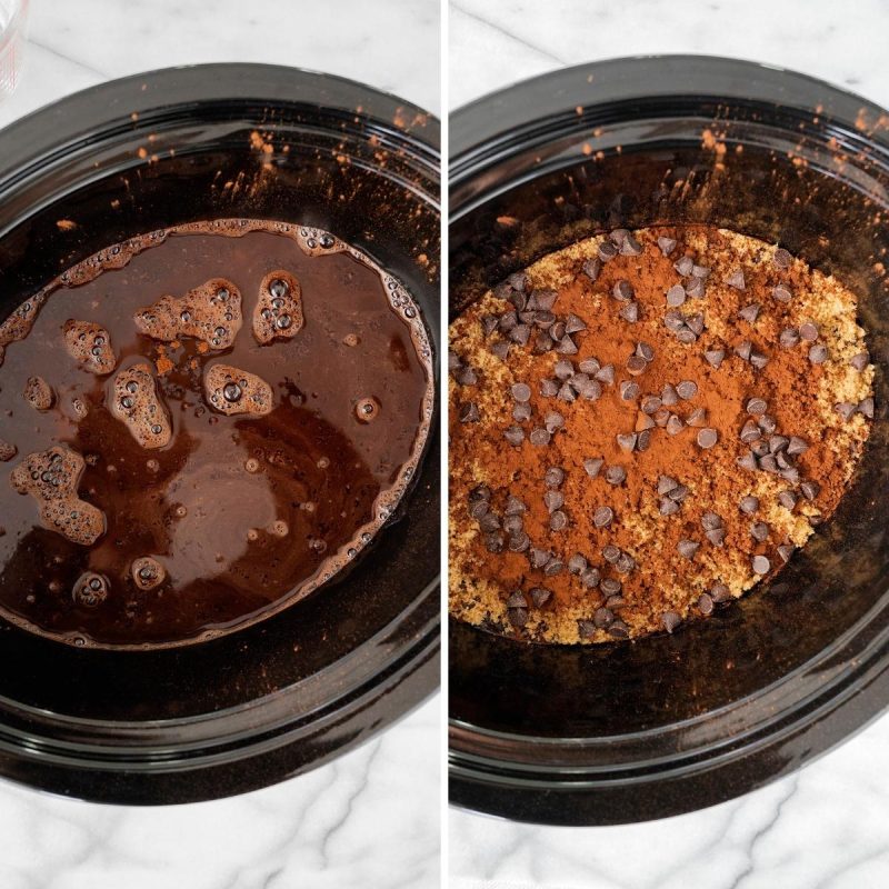 collage of before and after cooking chocoalte cake in the crock pot