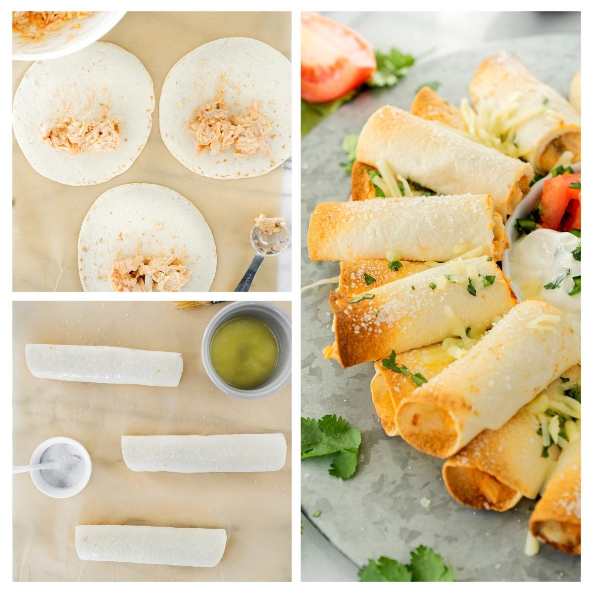 steps to bake and roll taquitos with cream cheese filling