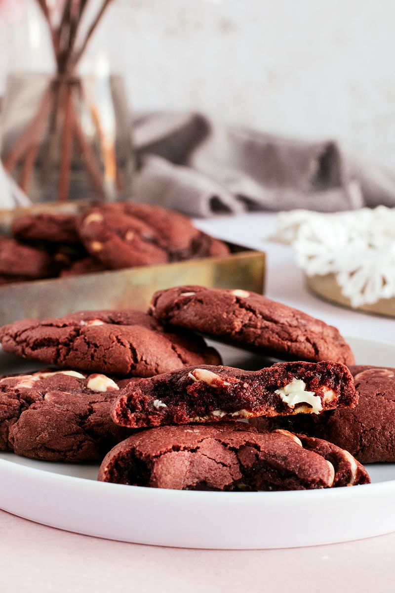 plate of red velvet white chocolate chip cookies