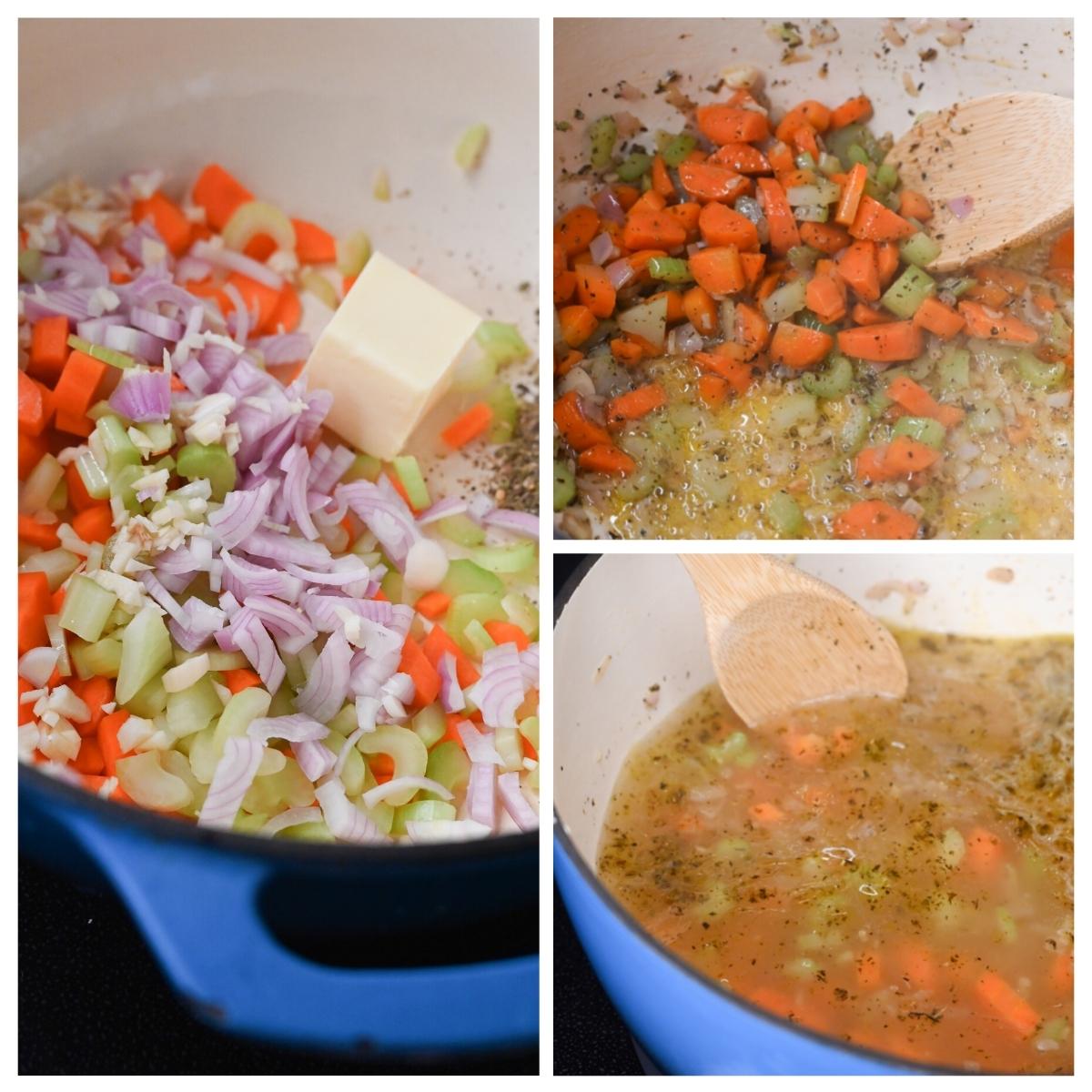 collage of cooking aromatics for chicken orzo soup