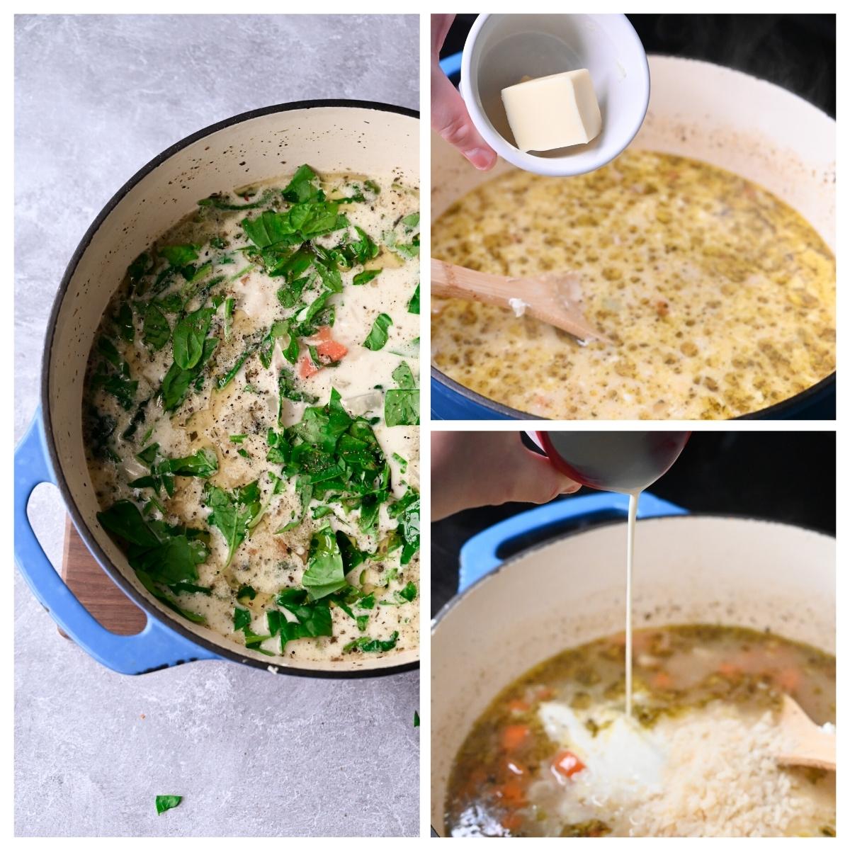 collage of finishing lemon chicken orzo soup with butter and cream