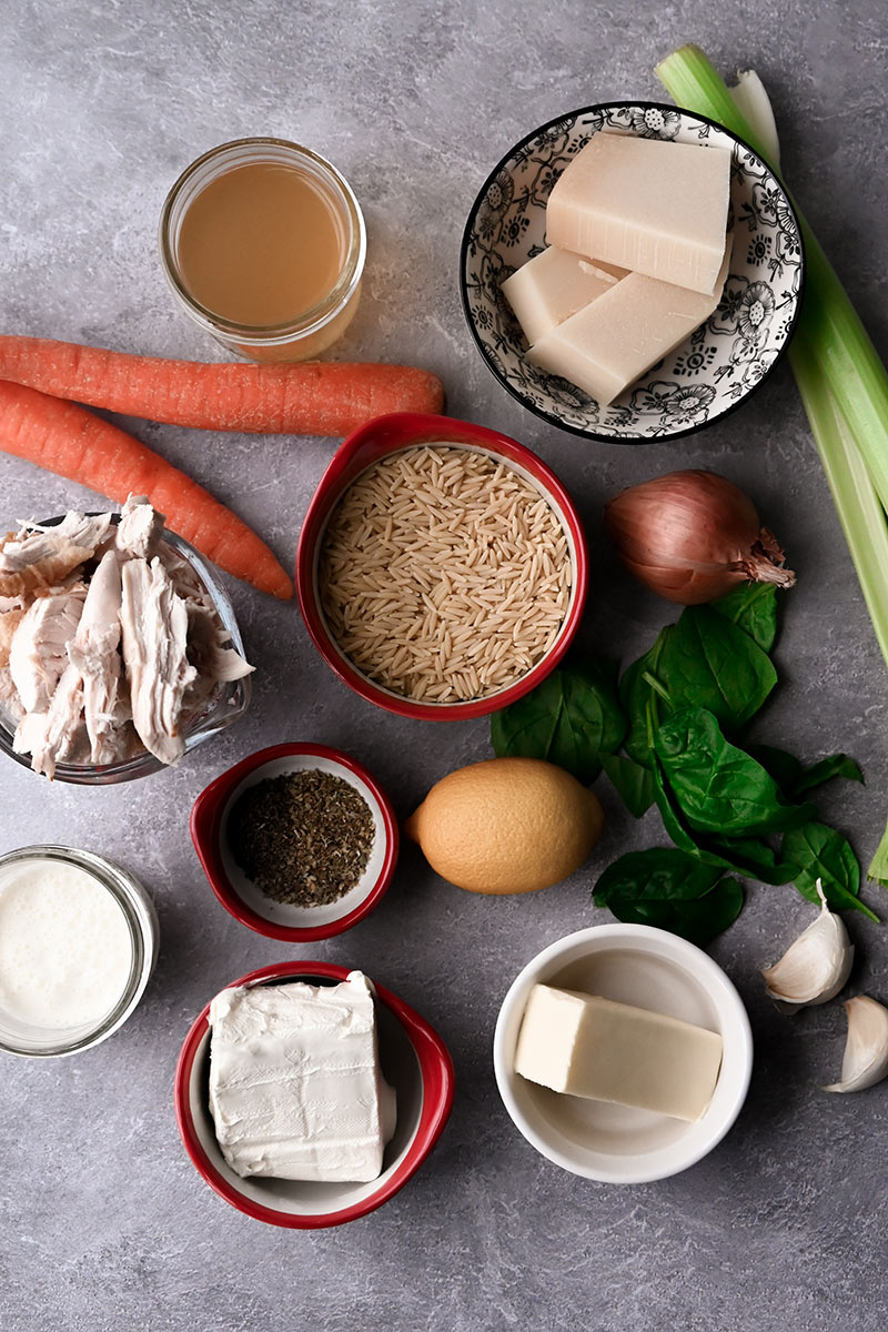 ingredients for orzo soup with chicken and spinach