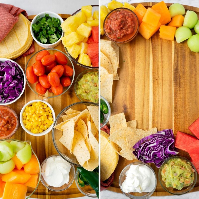 arranging a board with breakfast taco ingredients and toppings