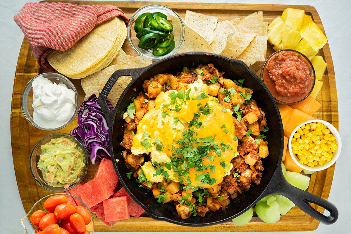 breakfast taco board with chorizo hash