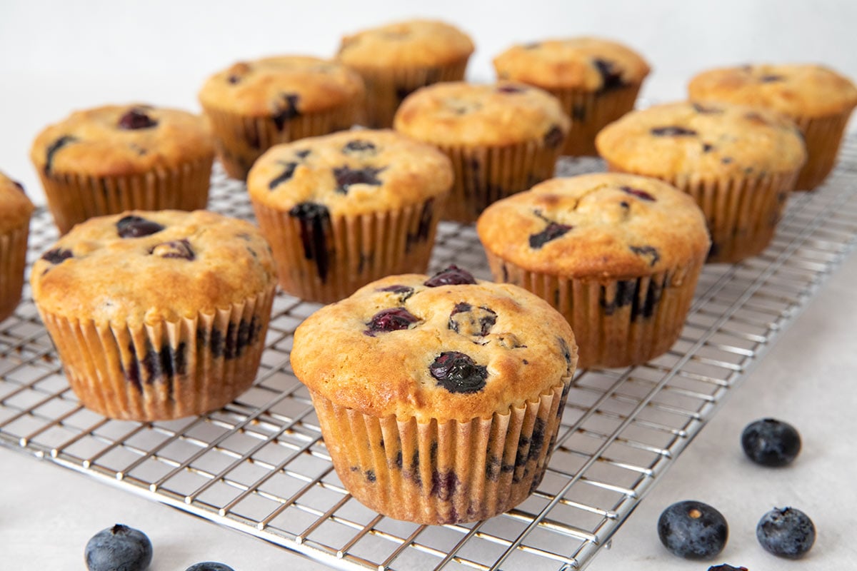 wire rack of blueberry oat muffins