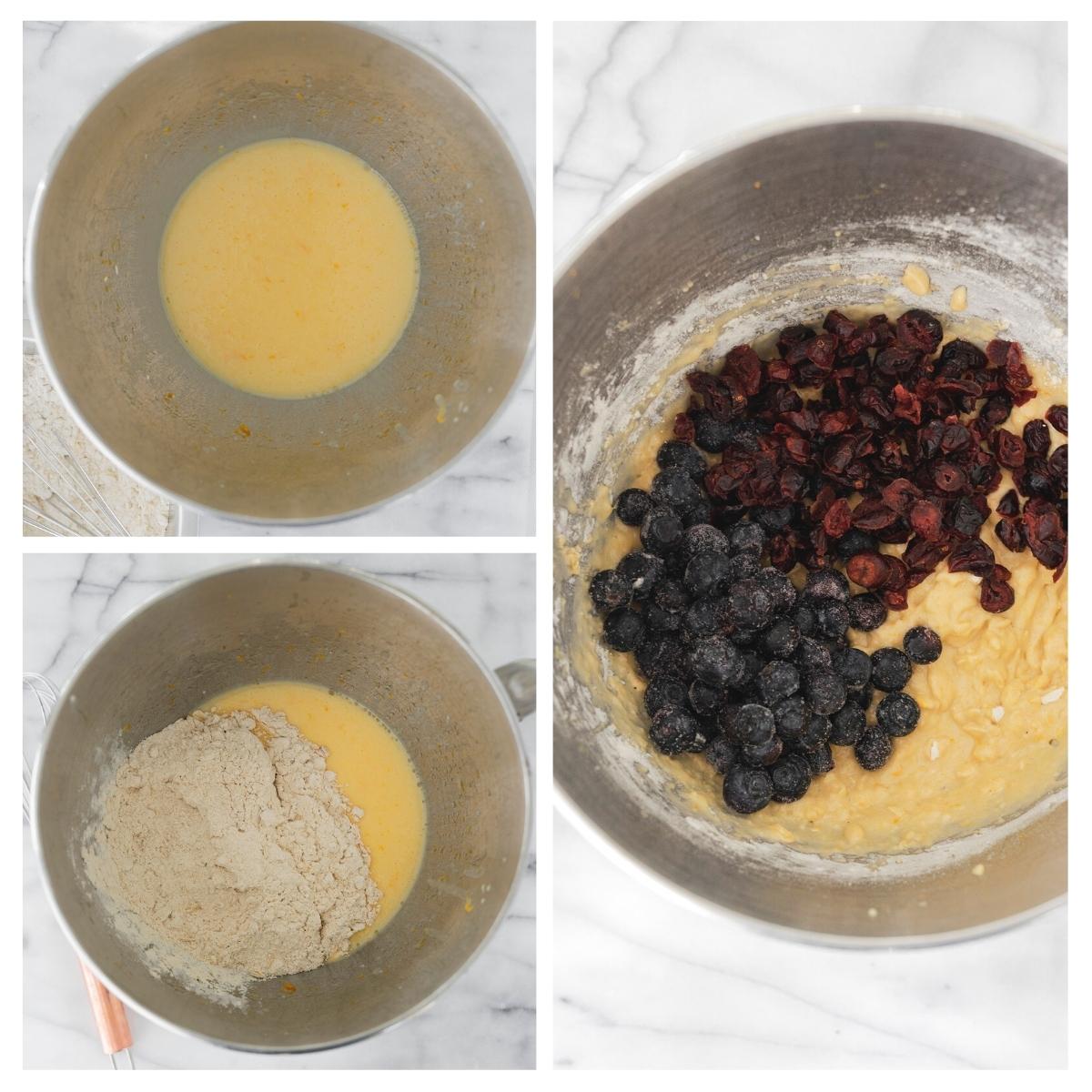 adding berries to muffin batter in a mixing bowl