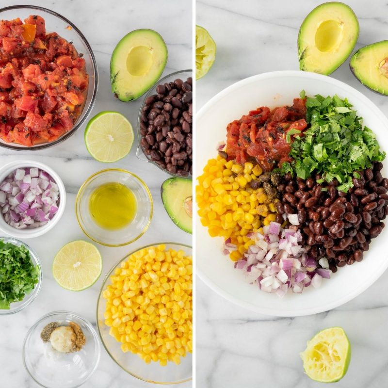 collage of making corn and black bean salsa with avocado