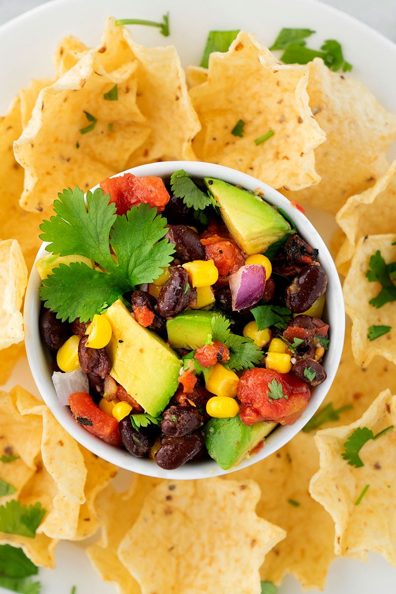 bowl of black bean salsa with tortilla chips