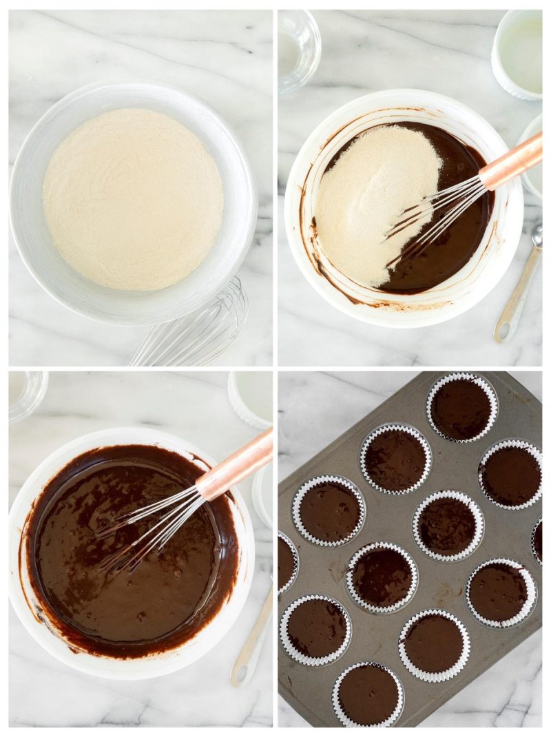 putting cupcake batter into a muffin tin