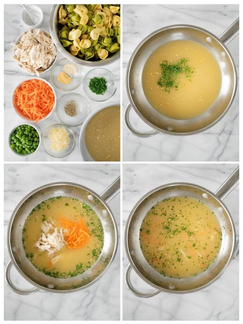 collage of steps to make chicken tortellini soup