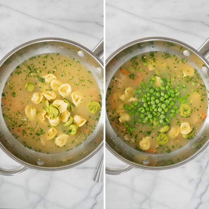 collage of cooking soup with chicken and tortellini 