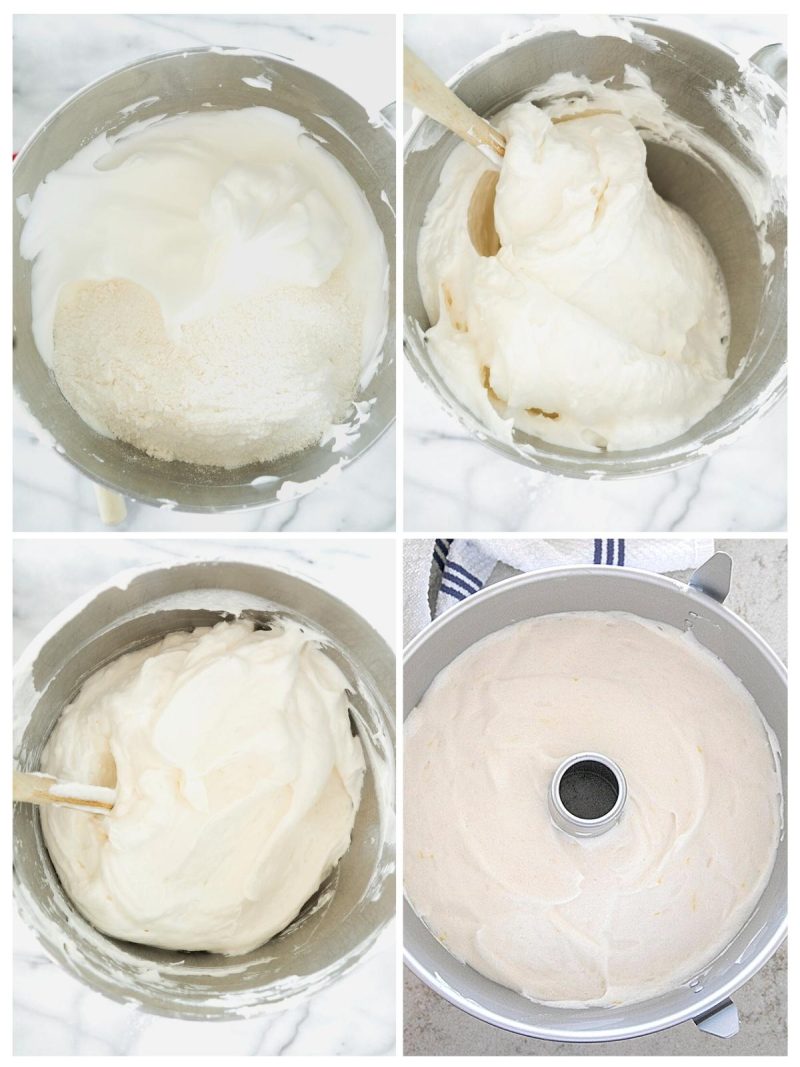 folding ingredients for angel food cake in a mixing bowl