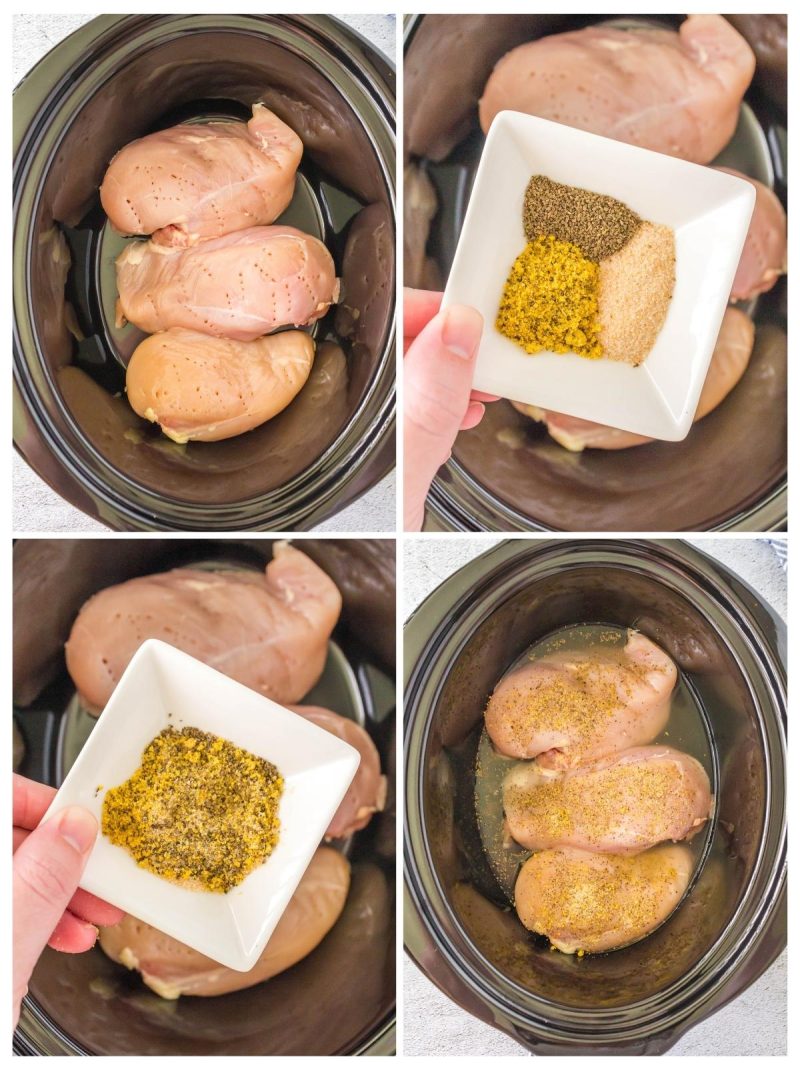 adding ingredients to slow cooker for lemon pepper chicken