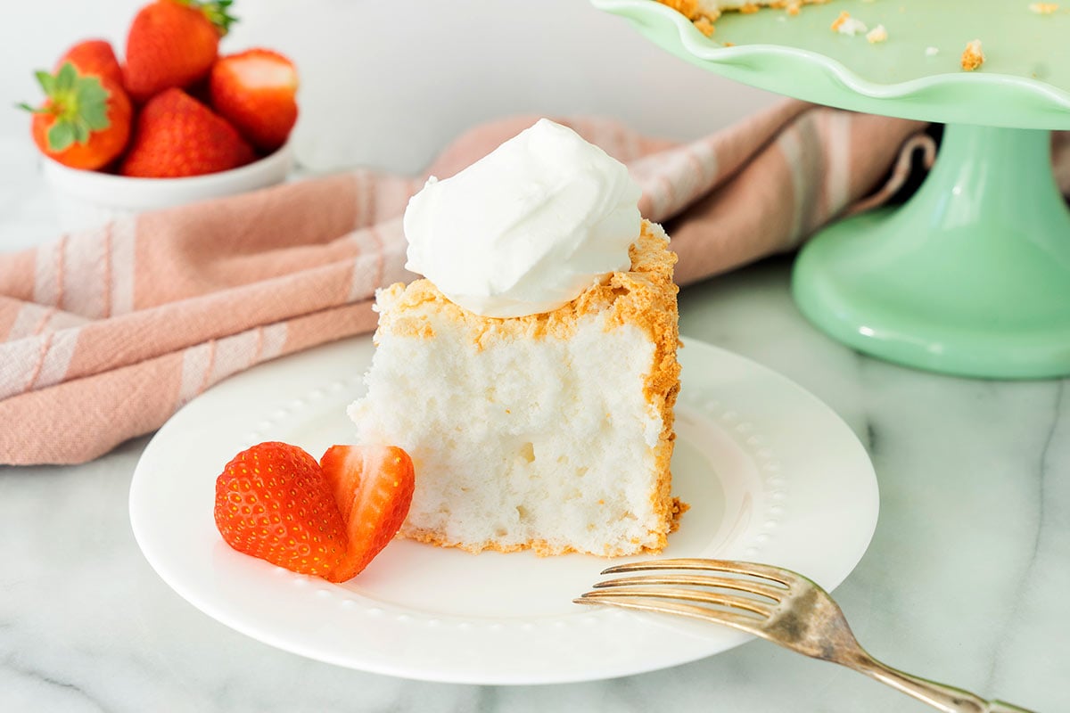 slice of angel food cake with strawberries