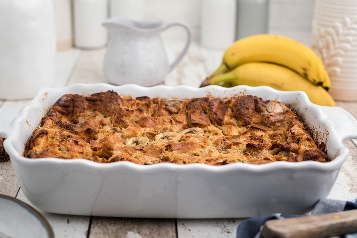 whole baked bread pudding with bananas