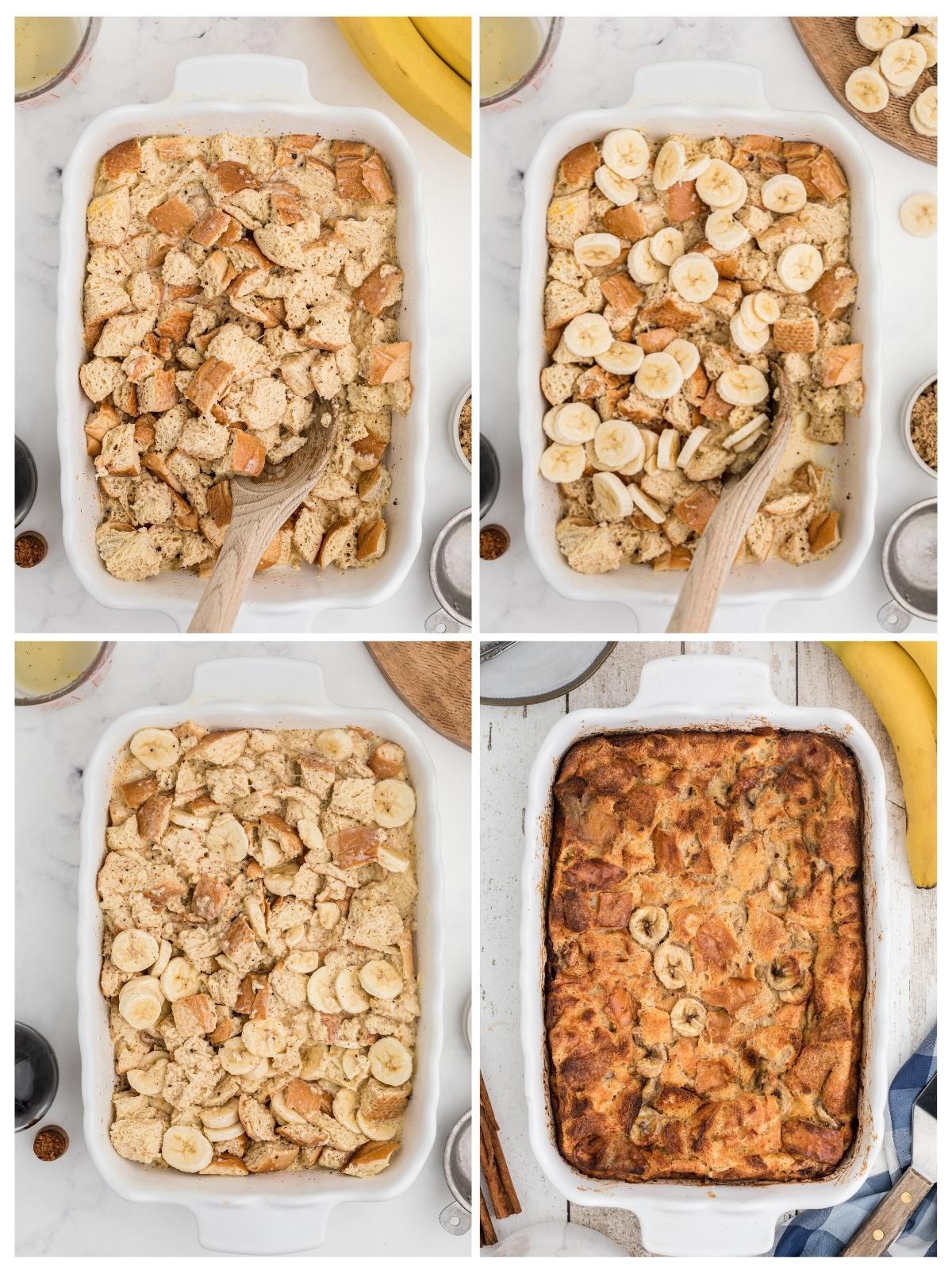 collage of the steps to make banana bread pudding in a white baking dish