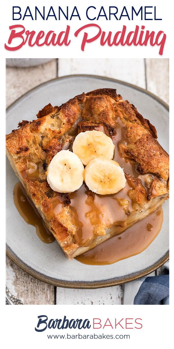 pinterest button slice of banana bread pudding with banana slices on top