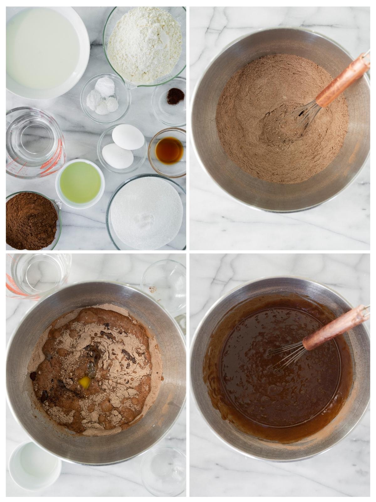 collage of mixing batter for black magic cake