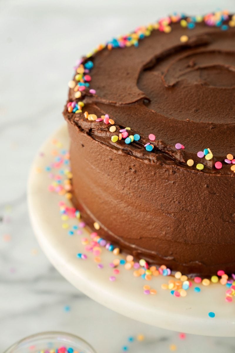 close up ona chocolate cake with sprinkles