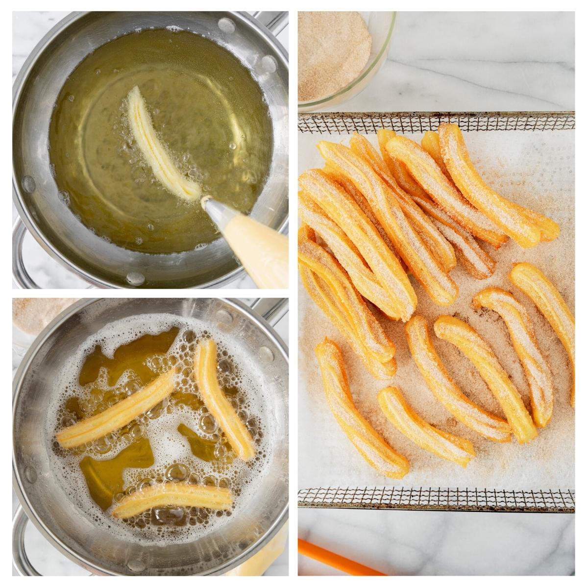 collage of frying churros