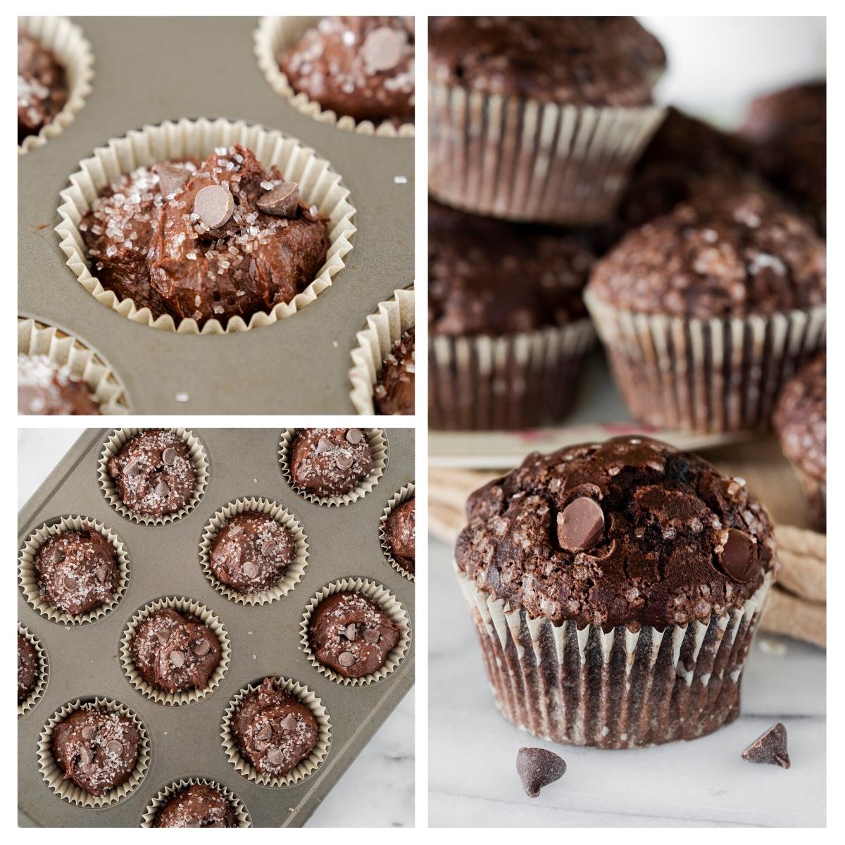 collage of baking chocolate chip muffins