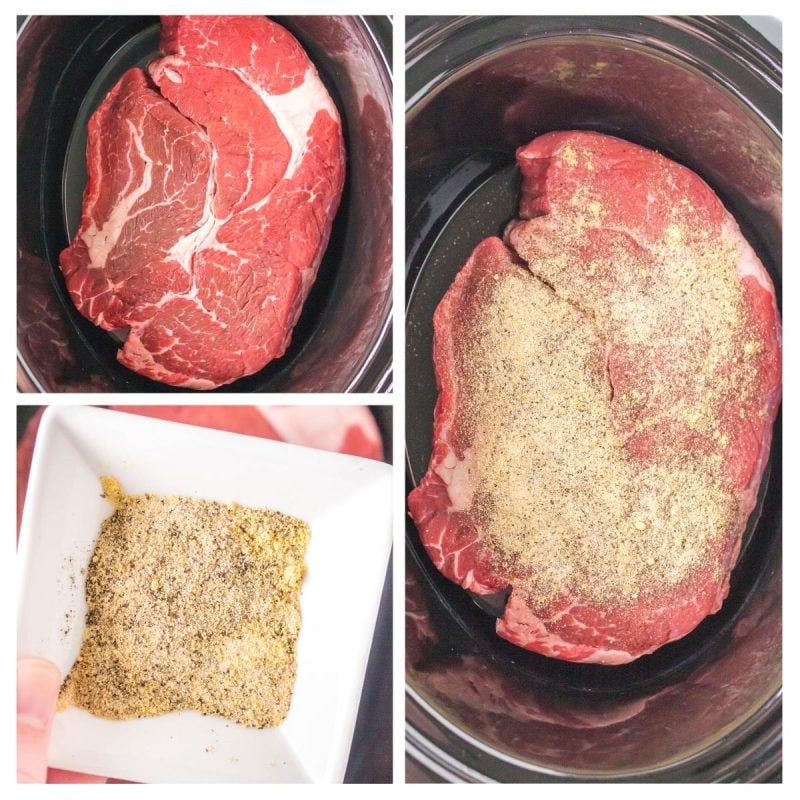 adding beef and seasoning to a slow cooker