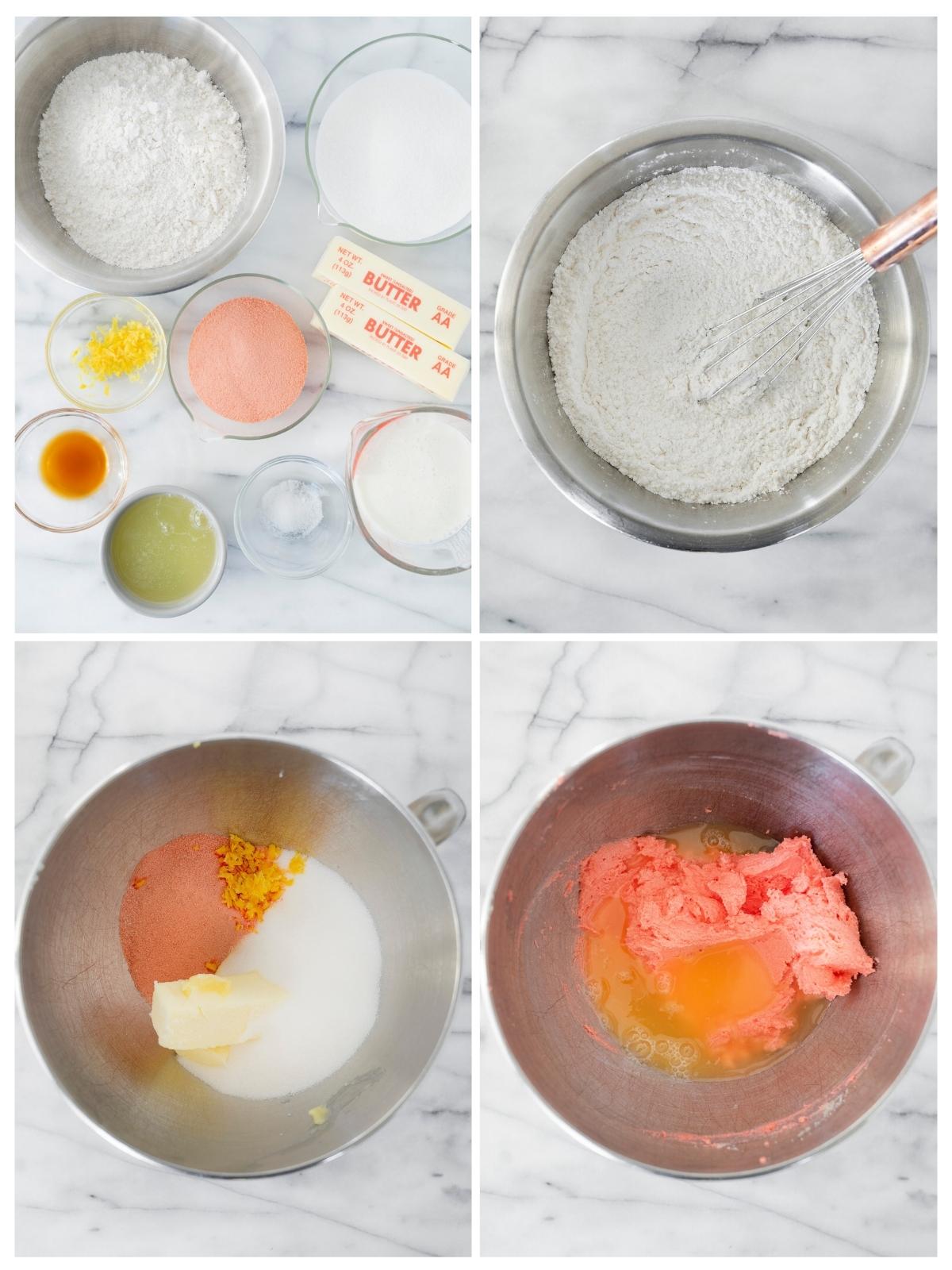 collage of the steps to mix batter for strawberry cake