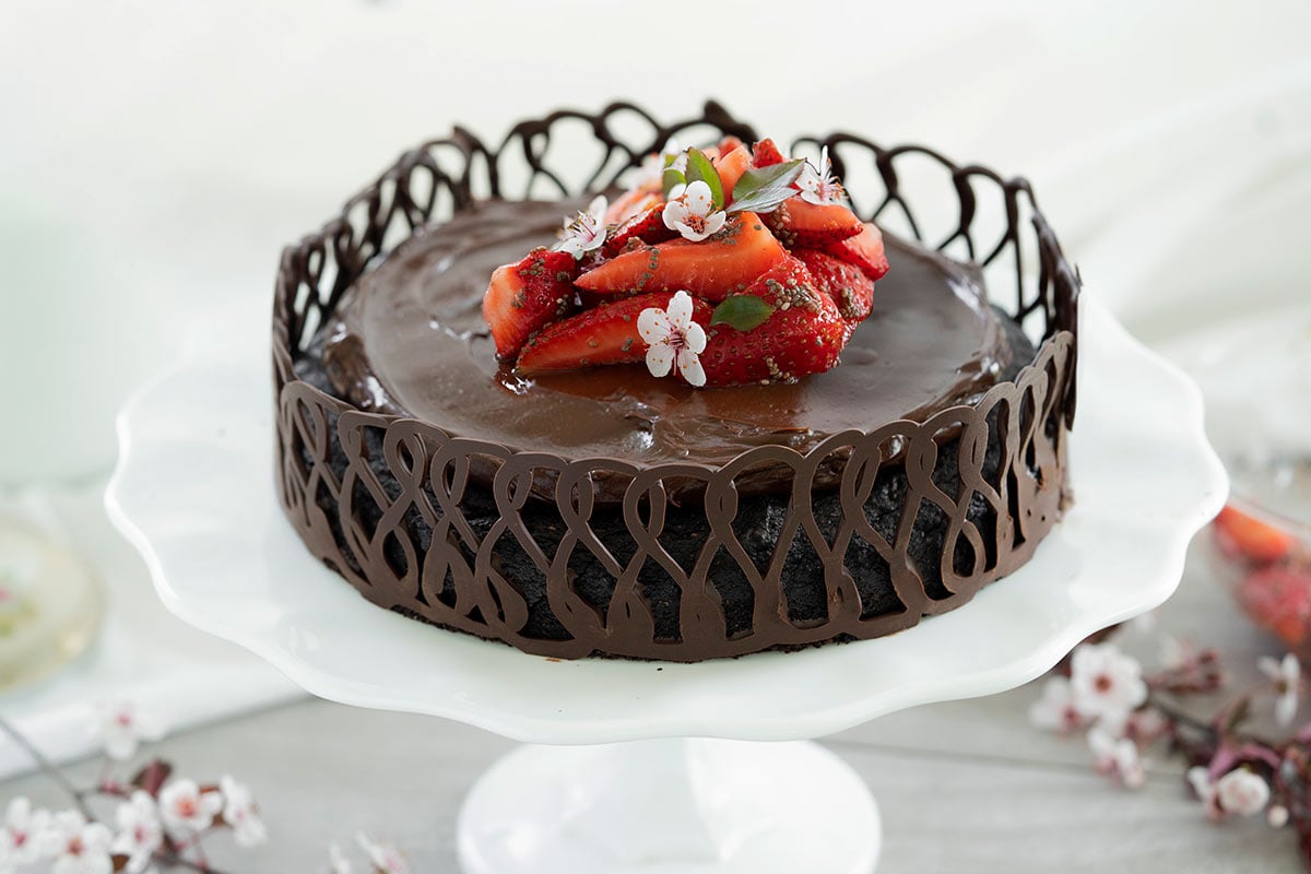 chocolate cake with a chocolate lace decorated