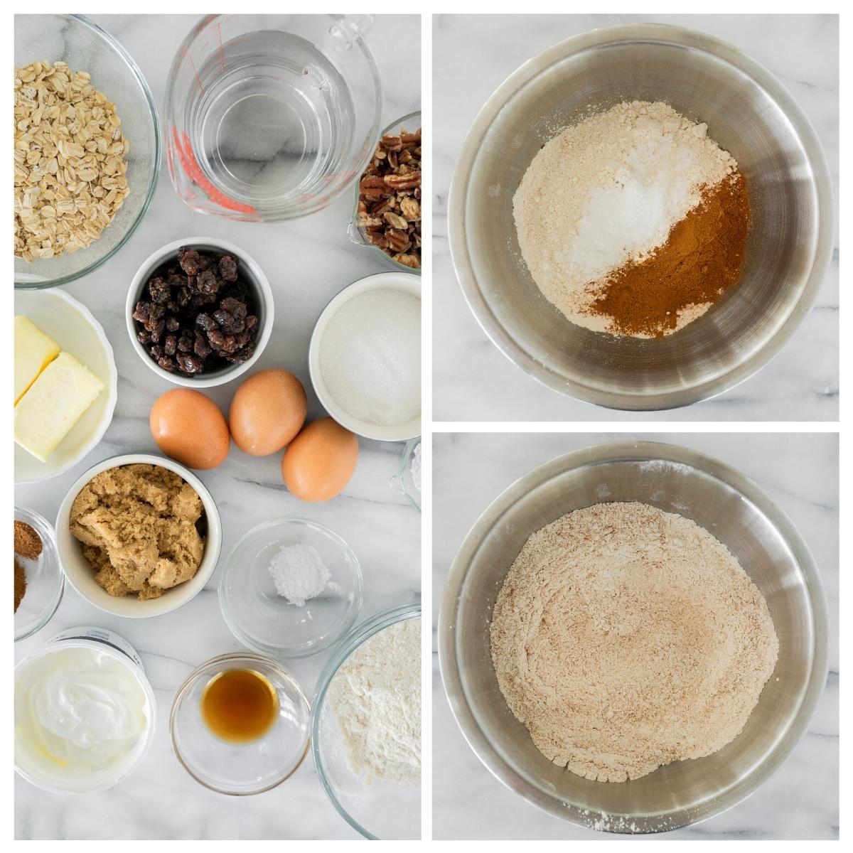 ingredients and mixing batter for oatmeal cake