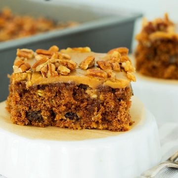 slice of oatmeal cake with caramel icing