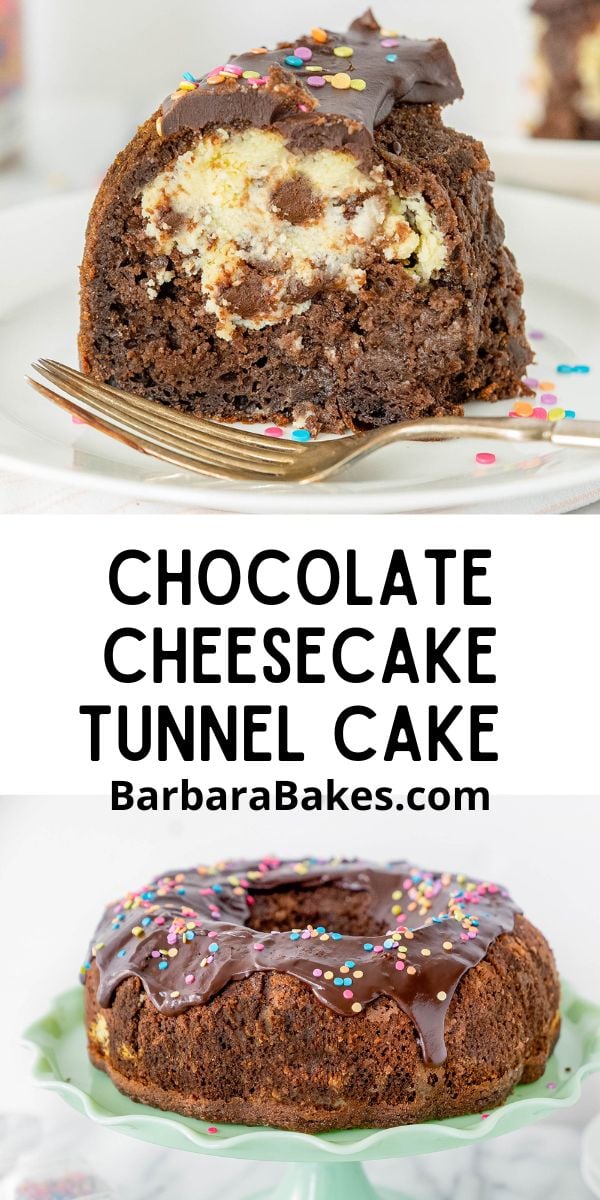pin that reads "chocolate cheesecake tunnel cake" with images of the bundt