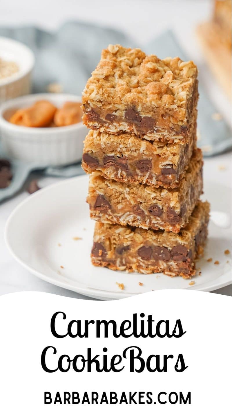 pin that reads "carmelitas cookie bars" with a a white plate with stacked with carmelita cookie bars