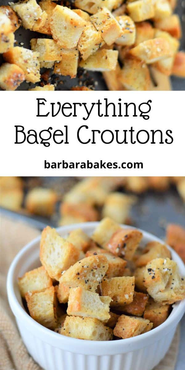 pin that reads "everything bagel croutons" with cubes of baked bread seasoned with sesame and bagel flavors