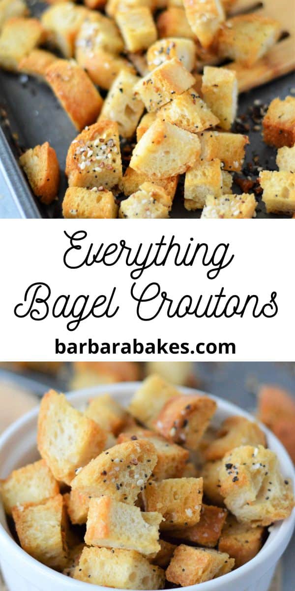Homemade croutons made with bread, oil, and Everything Bagel seasoning are so good you might eat them all before they hit your salad! via @barbarabakes