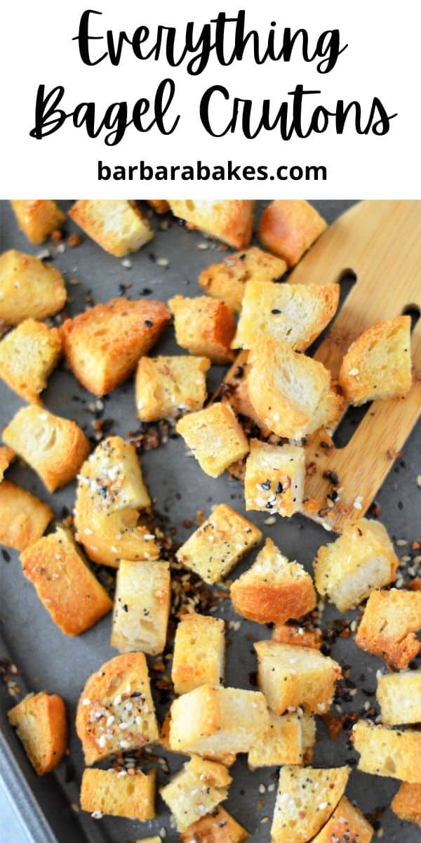 Homemade croutons made with bread, oil, and Everything Bagel seasoning are so good you might eat them all before they hit your salad! via @barbarabakes