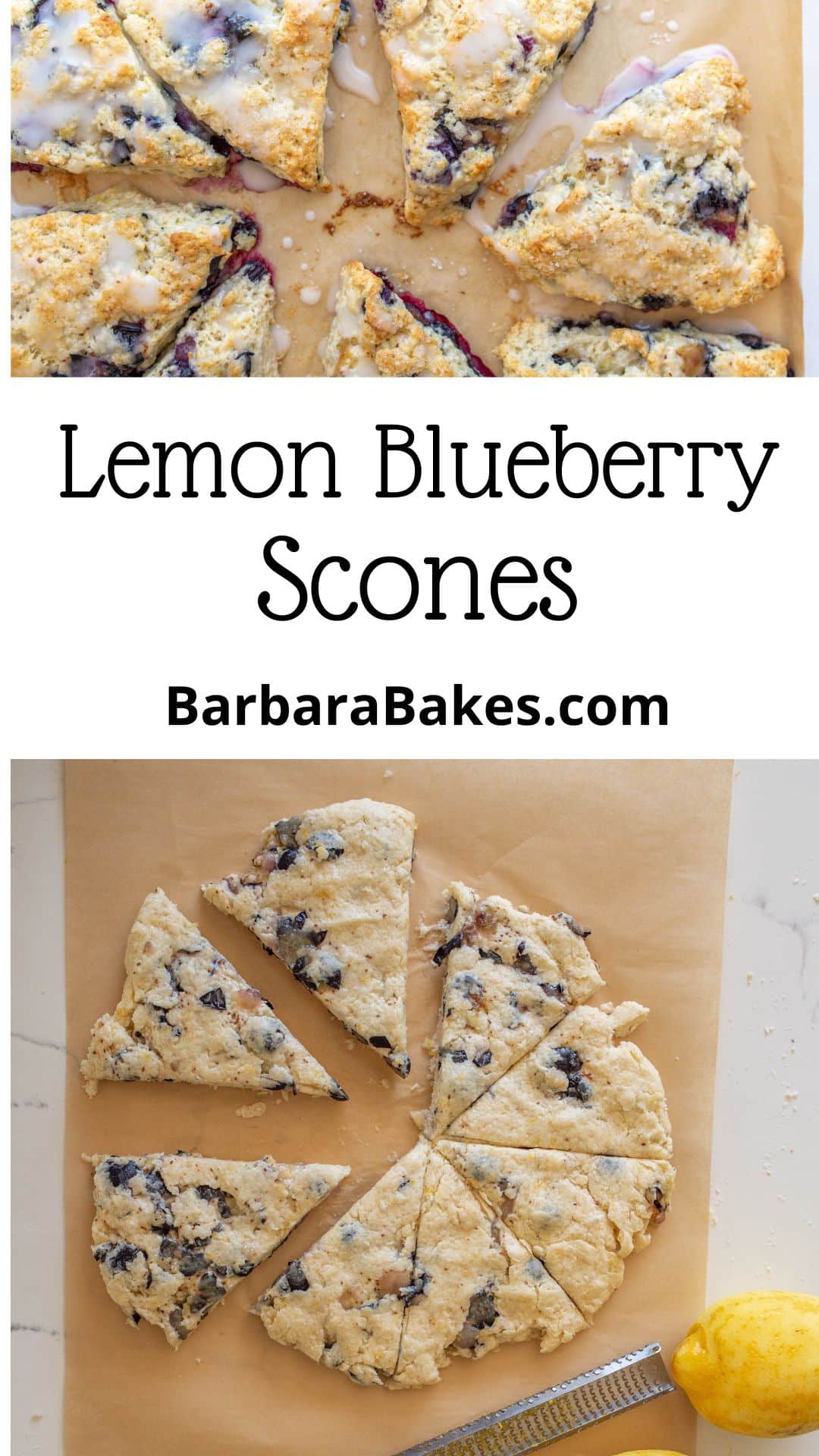 Lemon blueberry scones are made with cream instead of butter, fresh lemon zest, fresh or frozen blueberries and they are a perfect anytime of day! via @barbarabakes