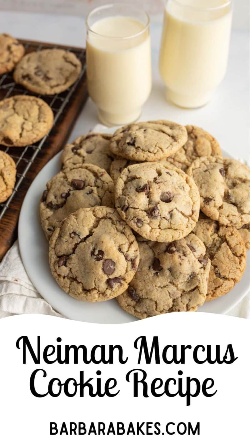 pin that reads "neiman marcus cookies" with the image of the cookies on a white plate and milk in the background