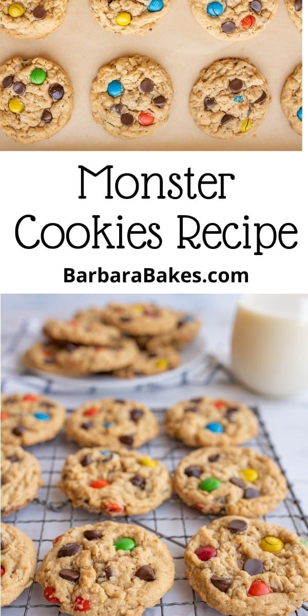 This Monster Cookie recipe is made with peanut butter, oats, butter, M&M's, and chocolate chips and it's like all of your favorite cookies mixed together. via @barbarabakes
