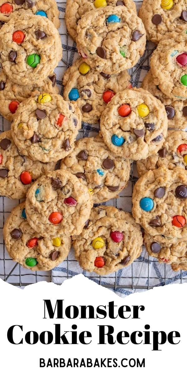 This Monster Cookie recipe is made with peanut butter, oats, butter, M&M's, and chocolate chips and it's like all of your favorite cookies mixed together. via @barbarabakes