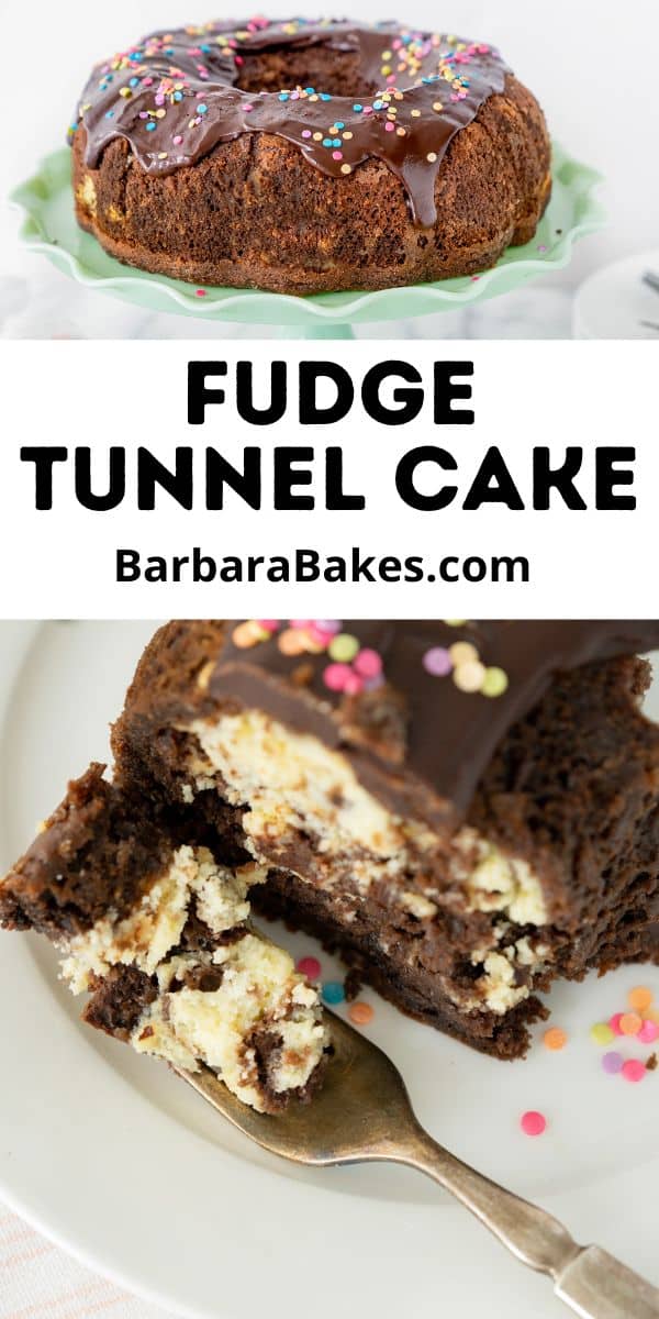 Chocolate tunnel cake with a cheesecake middle made easy by starting with a box of cake mix is the perfect easy dessert recipe. via @barbarabakes