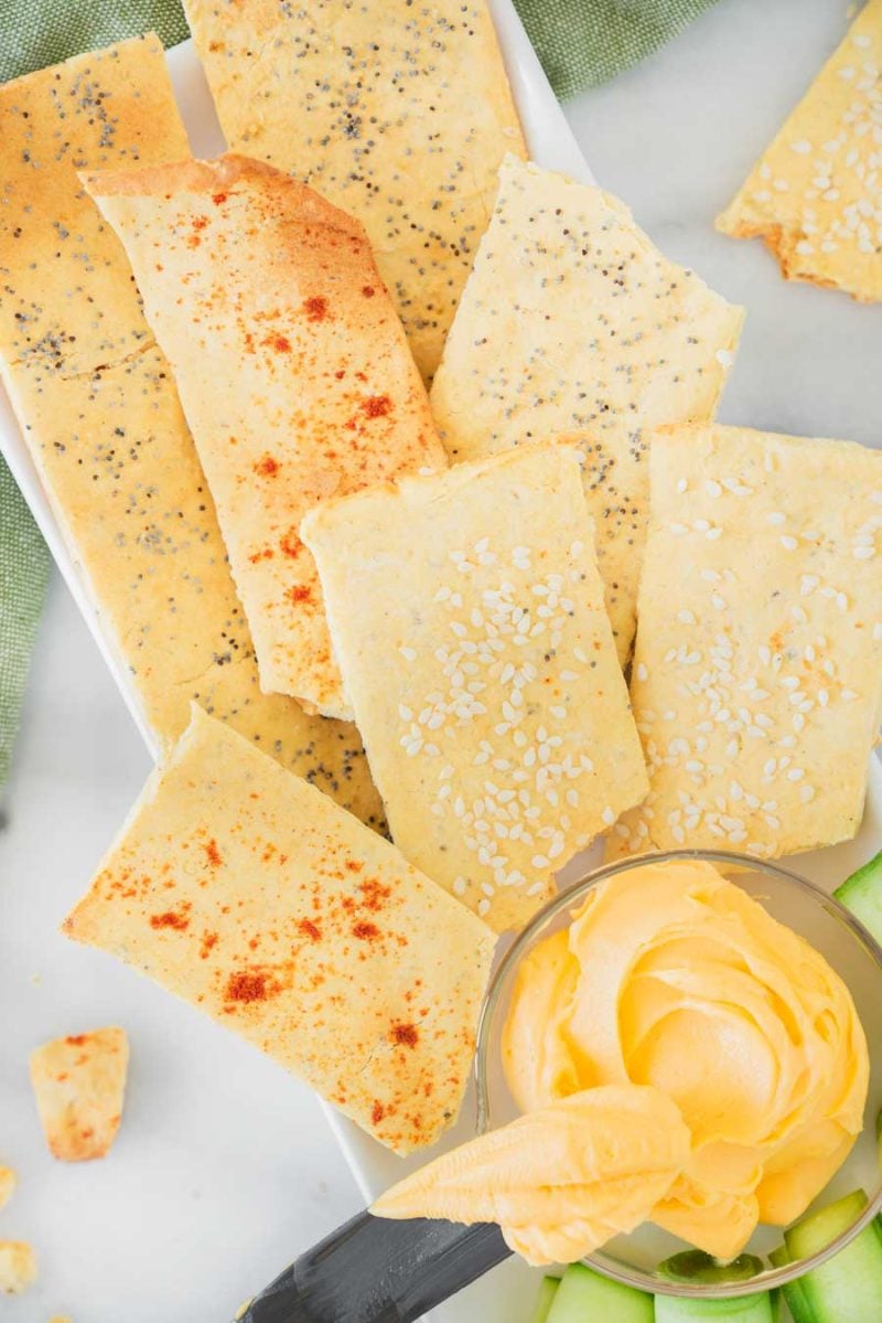 platter of lavash crackers with a buttery spread in a bowl