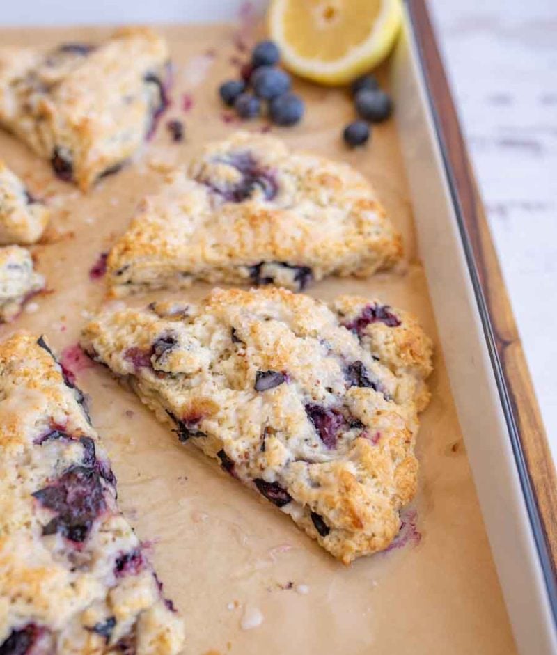 close up of the fruit pieces in the lemon blueberry scones