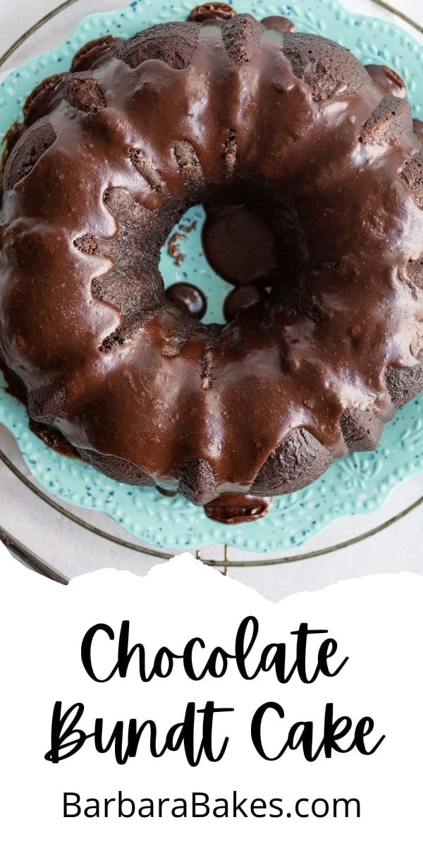 Chocolate Bundt Cake is a rich, dense, super-moist dessert that is drizzled with chocolate ganache. Cakes made in bundt pans seem already dressed up for a party. via @barbarabakes