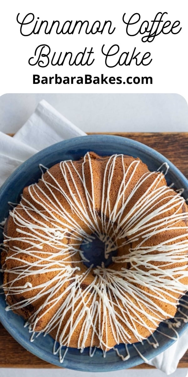 pin that reads "cinnamon coffee cake" with photos of the bundt cake with icing on top