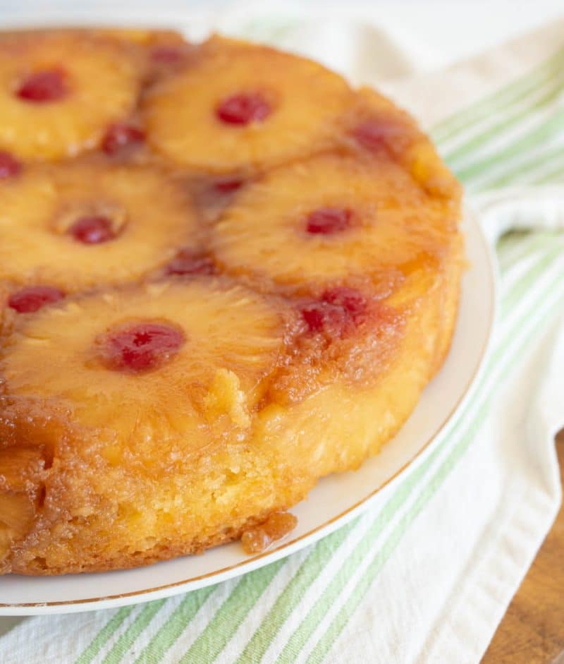 side view of the whole pineapple upside down cake