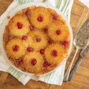 top view of a whole pineapple upside down cake
