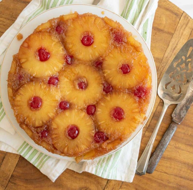 top view of a whole pineapple upside down cake