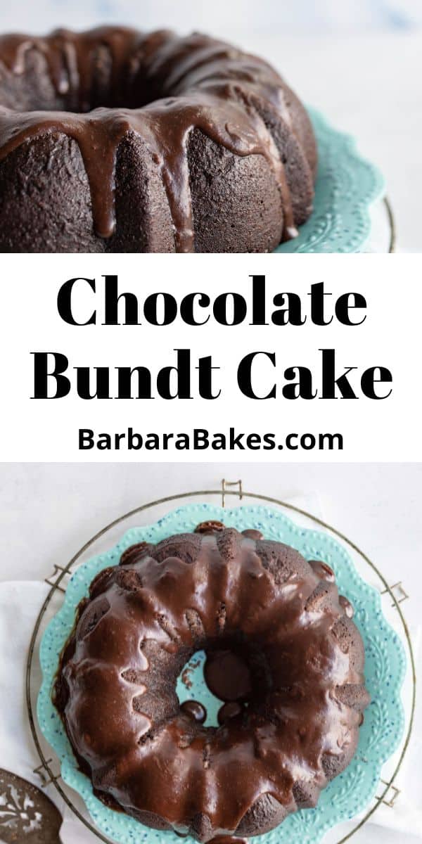 Chocolate Bundt Cake is a rich, dense, super-moist dessert that is drizzled with chocolate ganache. Cakes made in bundt pans seem already dressed up for a party. via @barbarabakes