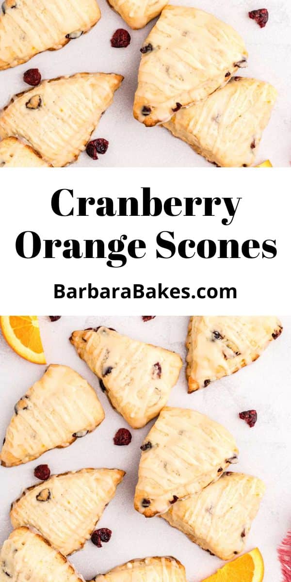 Cranberry Orange Scones are tender and lightly sweetened, with an orange glaze drizzled on top. You'll love how easy this scones recipe is to make! via @barbarabakes