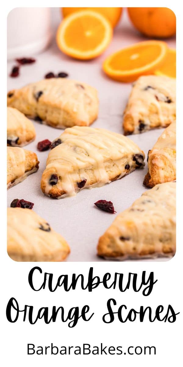 Cranberry Orange Scones are tender and lightly sweetened, with an orange glaze drizzled on top. You'll love how easy this scones recipe is to make! via @barbarabakes